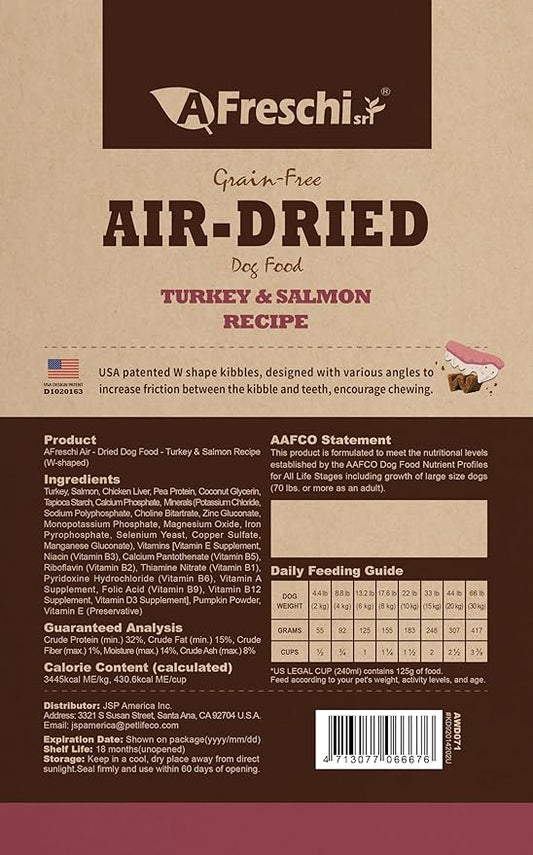 Afreschi Air-Dried Dog Food Turkey & Salmon Recipe 2.2 lb, All-Natural, Complete & Balanced, Grain-Free, High-Protein, Limited Ingredients