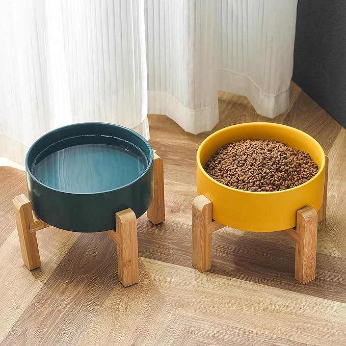 8'' Ceramic Raised Dog Bowl - 70Oz Dog Food & Water Bowl with Elevated Non-Slip Bamboo Stand, Dishwasher & Microwave Safe, Anti Vomiting Heavy Duty Pet Bowl for Medium and Large Dogs, Yellow