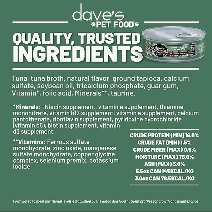 Dave's Pet Food Grain Free Wet Cat Food (Tuna Entree in Gravy), Naturally Healthy Canned, Added Vitamins & Minerals, 5.5 oz Cans (24 Pack)