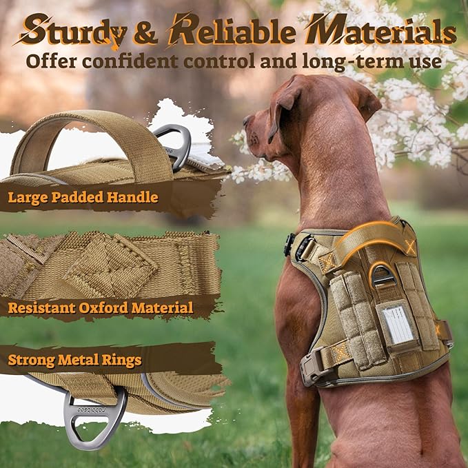 rabbitgoo Dog Harness for Large Dogs No Pull, Tactical Service Pet Vest with Molle and Control Handle, Adjustable and Reflective Military Harness for Easy Walking and Training, Brown, L