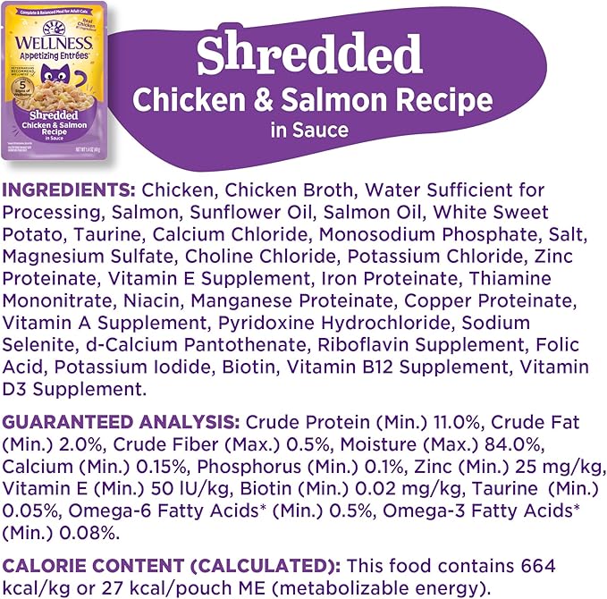 Wellness Appetizing Entrées Shredded Adult Wet Cat Food, Natural, Protein-Rich, Grain Free, 1.4 Ounce Pouch, 8 Pack (Chicken & Salmon Recipe)
