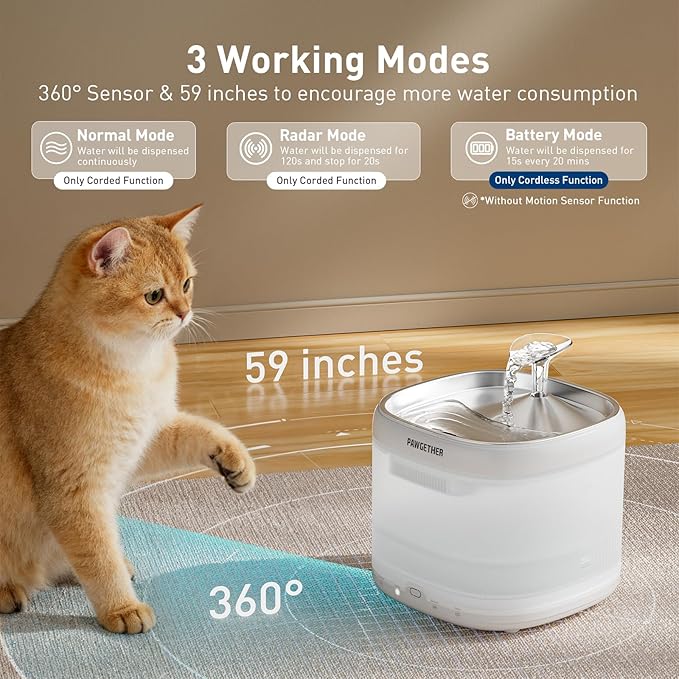 PAWGETHER® Cat Water Fountain, Ultra Quiet Pumpless Pet Water Fountain with Stainless Steel Tray, 67oz/2L Water Fountains for Cats Indoor with 360° Motion Sensor for Cats & Dogs (with Filter)