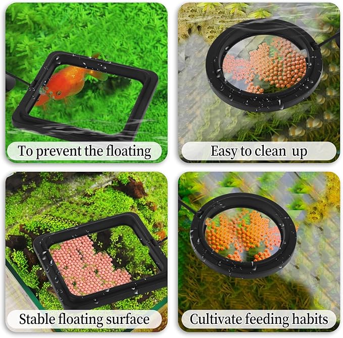 2 PCS Fish Feeding Rings,Black Fish Feeder Round and Square Aquarium Floating Food Feeder Circle with Suction Cup Prevent Water Turbulence from Washing Food into Filter for Guppy, Goldfish and Other