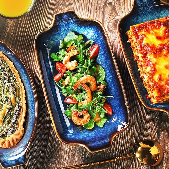 Ceramics Au Gratin baking Dishes Set of 2, Baking Tray Bake ware, 14.4oz Ramekins, for Pie Pan, Appetizer, Tart, Dessert, Quiche, Oven Small dish, individual dishes, Rectangular 9.8 Inch