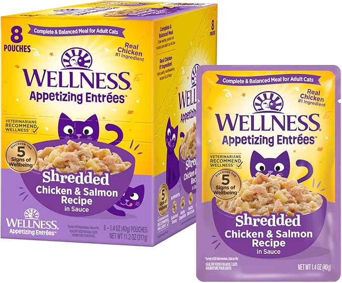 Wellness Appetizing Entrées Shredded Adult Wet Cat Food, Natural, Protein-Rich, Grain Free, 1.4 Ounce Pouch, 8 Pack (Chicken & Salmon Recipe)