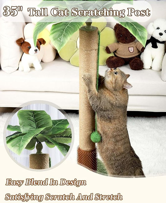 ANWA 35" Tall Cat Scratching Post for Kitten and Large Cats, Scratching Post for Indoor Cats with Self-Grooming Rubber Brush, Cat Sisal Post with Simulated Leaves