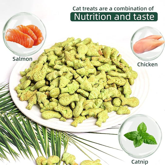 Cat Hairball Treats, 16 Oz Kitty Teeth Cleaning Catnip for Indoor, Fish Shape Cat Nip Dry Food, Healthy Chicken and Salmon Flavor Grass Biscuits