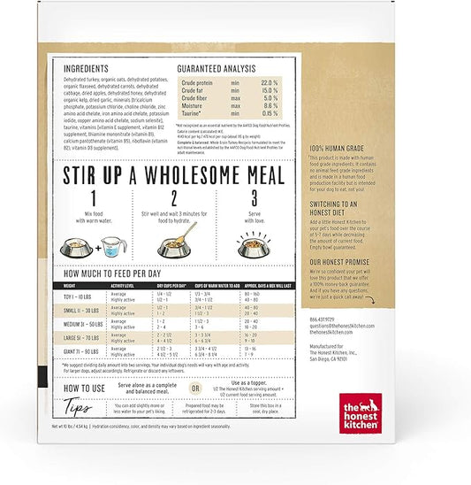 The Honest Kitchen Human Grade Dehydrated Whole Grain Dog Food – Complete Meal or Dog Food Topper – Turkey, 10 Pound (Pack of 1) (makes 40 lbs)