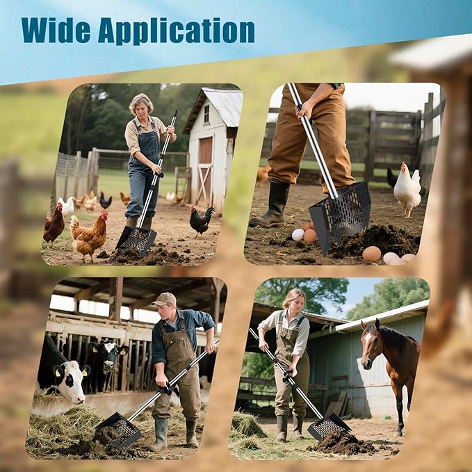 10-inch Large Metal Chicken Poop Scooper&Rake 2-in-1 with Ergonomic Grip Adjustable Long Handle(36 to 61 Inches) for Cleaning Chicken Sand,Chicken Poop Sifting Shovel,Chicken Coop Accessories