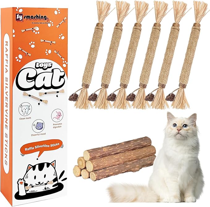 12pcs Silvervine Cat Toys,Raffia Silvervine Sticks for Cats, Catnip Cat Chew Toys Teeth Cleaning,Edible Kitty Toys