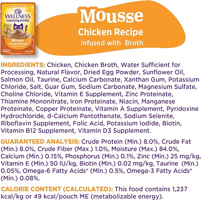 Wellness Appetizing Entrées Mousse Adult Wet Cat Food, Natural, Protein-Rich, Grain Free, 1.4 Ounce Pouch, 8 Pack (Chicken Recipe)
