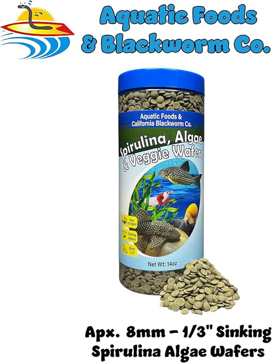 Aquatic Foods Inc. 8mm - 1/3" Small Sinking Wafers of Spirulina, Algae for Bottom Fish, Plecos, Catfish, Shrimp, Snails, All Tropical Fish, 4-Type Wafer & 12-Type Pellet Mix Included 1-lb 4oz