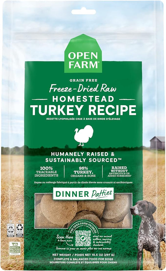 Open Farm, Freeze Dried Raw Dog Food, Patties with 95% Meat, Organs & Bone, Complete Meal or Freeze Dried Dog Food Mixer, Turkey Recipe, 17.5oz Bag