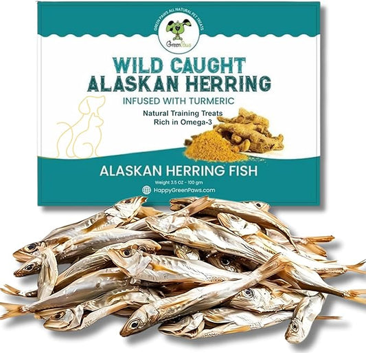 Gluten Free Herring Dried Fish Pet Treats - Infused with Turmeric, Pure Wild-Caught Single Ingredient Snack, Healthy Made in Alaska, Rich in Protein Fish & Nothing Else (3.5 Oz)
