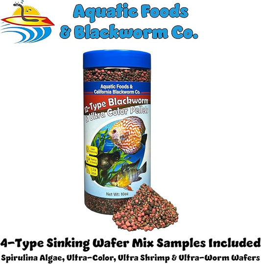 Aquatic Foods Inc. 12-Type Floating & Sinking California Blackworm & Coloring Pellets of 1mm, 2mm, 3mm Size for All Tropical Fish, Koi and Pond Fish, 4-Type Wafer Mix Included...10oz Canister