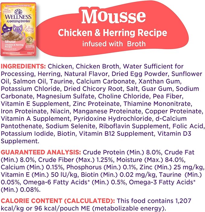 Wellness Appetizing Entrées Mousse, Adult Wet Cat Food, Natural, Protein-Rich, Grain-Free, 2.8 Ounce Pouch, 8 Pack, (Chicken & Herring Recipe)
