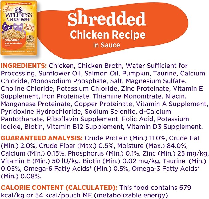 Wellness Appetizing Entrées Shredded Adult Wet Cat Food, Natural, Protein-Rich, Grain Free, 2.8 Ounce Pouch, 8 Pack (Chicken Recipe)