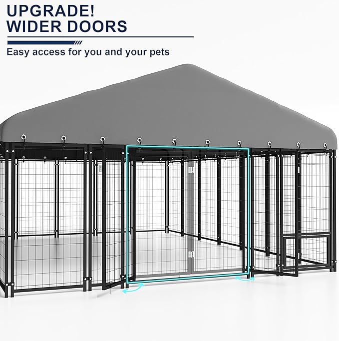 10X14FT Dog Kennel Outside Double Door Dog Kennel Outdoor with Feeding, Heavy Duty Outdoor Dog Crate Durable Dog Cage with Roof & Double Lock
