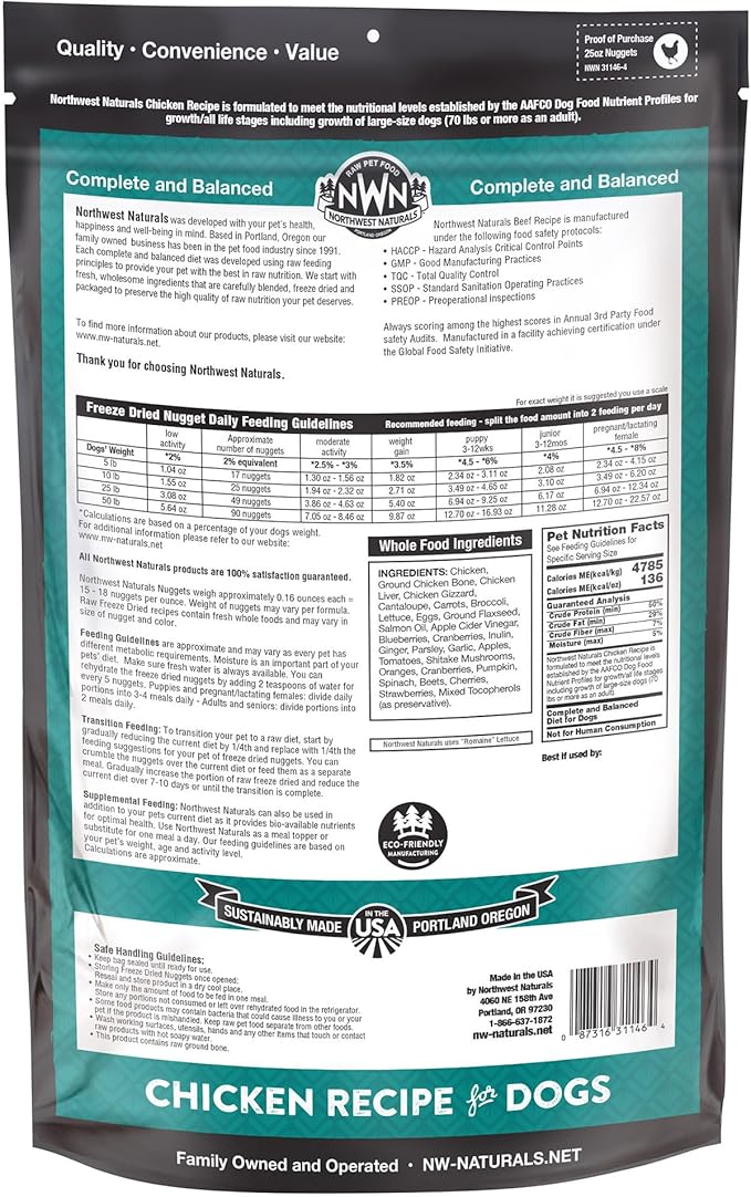 Northwest Naturals Freeze-Dried Chicken Dog Food - Bite-Sized Nuggets - Grain-Free, High-Protein, Raw Diet, Human-Grade Ingredients, All Natural, Healthy & Nutritious, Proudly Made in USA, 25 Oz