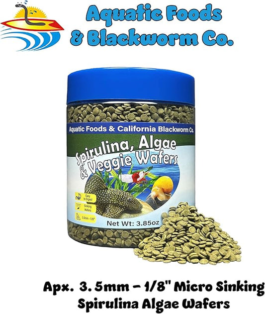 Aquatic Foods Inc. 3.5mm - 1/8" Micro Sinking Wafers of Spirulina, Algae & Veggies for Bottom Fish, Plecos, Shrimp, Snails, All Tropical Fish, 4-Type Wafer & 12-Type Pellet Mix Included 5oz