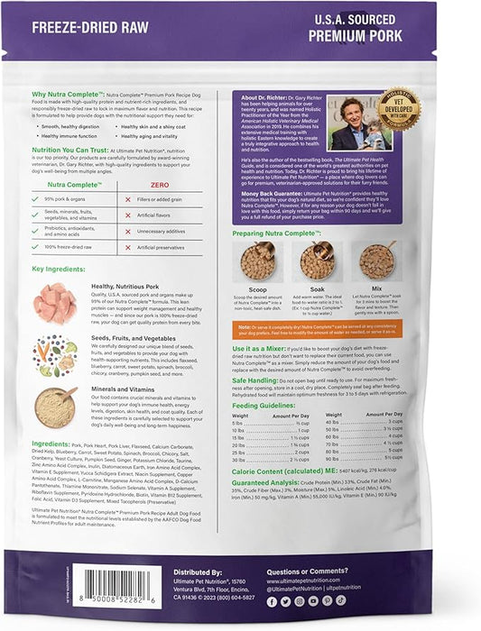 ULTIMATE PET NUTRITION Nutra Complete, 100% Freeze Dried Veterinarian Formulated Raw Dog Food with Antioxidants Prebiotics and Amino Acids, (1 Pound, Pork)
