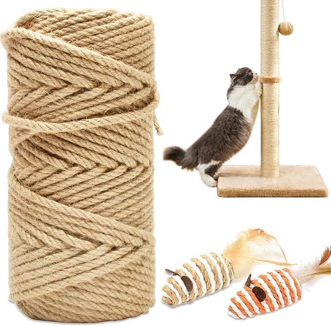 164FT/50M Cat Scratching Sisal Rope, 6mm Thick Natural Jute Rope for Scratch Posts, Cat Trees, DIY Projects, Sisal Rope for Cat Scratcher with 2 Cat Mouse Toys (Natural, 164ft)