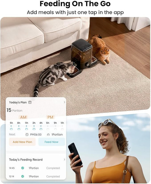 oneisall Wireless WiFi Automatic Cat Feeders 2 Cat, Rechargeable 100-Day Battery Operated Timed Cats Feeder, 20 Cups/5L Cats Food Dispenser Automatic for Large Kibble, Smart App Control.