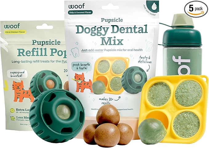 WOOF Dental Kit- Includes Pupsicle Dog Toy, Treat Tray, Shaker Bottle, Chicken Pupsicle Pops, and Dog Teeth Cleaning Powder - Supports Oral Health for Dogs - XL