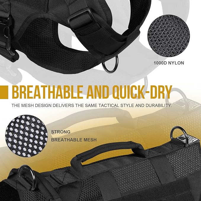 OneTigris No Pull Tactical Dog Harness for Medium Dogs, Mesh Design Breathable Military Dogs Molle Vests with Handles, Service Dog Vest Harness for Walking Hiking Training (L, Black)