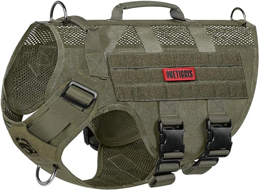 OneTigris No Pull Tactical Dog Harness for Large Dogs, Aire Mesh Harness Breathable Military Dog Molle Vests with Handles, Service Dog Vest Harness for Walking Hiking Training Green