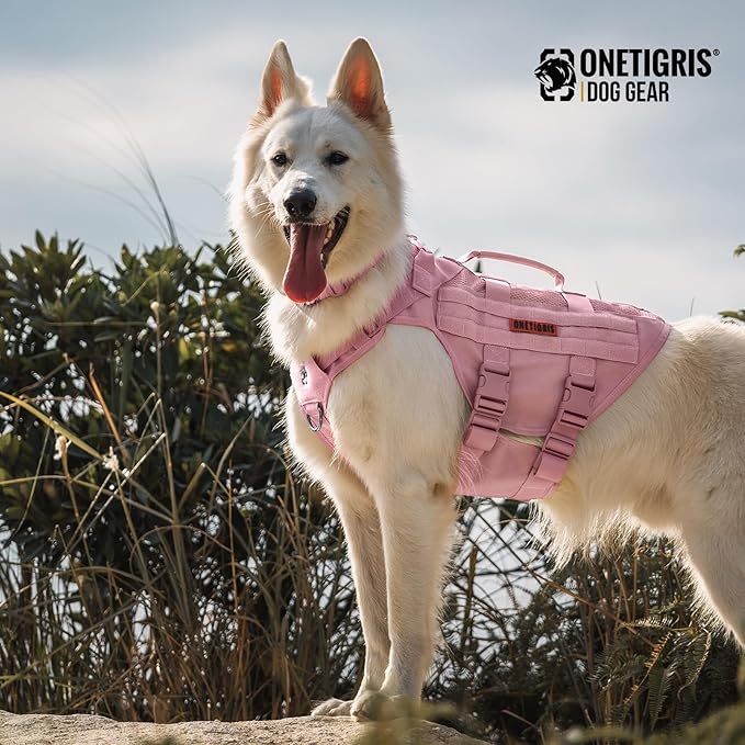 OneTigris Tactical Dog Harness for Small Dogs, No Pull Small Dog Vest Harness with Handles Breathable Military Dogs Molle Vests, Walking Hiking Training (Pink, X-Large)