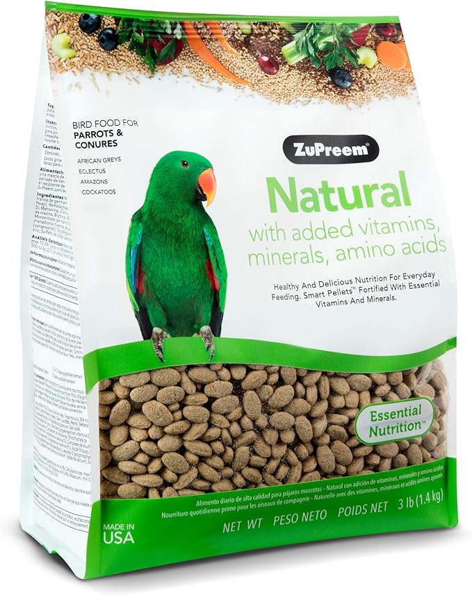 ZuPreem Natural Bird Pellets, Daily Bird Food for Parrot, Conure, Caique, African Grey, Eclectus, Small Cockatoo, Core Nutrition for Medium Large Birds, Added Vitamins, Parrot Food (ML, 3 lbs)