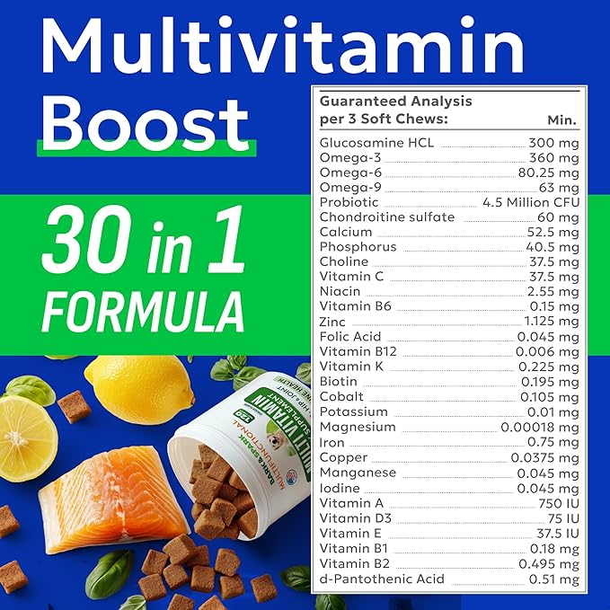 BARK&SPARK Dog Vitamins & Supplements - Multivitamin Chewable Treats for Dogs - Glucosamine Chondroitin for Joint Support + Omega for Skin & Coat + Probiotics - Multi Vitamin for Pets Health - 120Ct