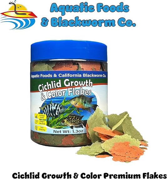 Aquatic Foods Inc. Cichlid Green Growth & Red Color Enhancing Flakes for Cichlids, Central & South American Cichlids, 4-Type Wafer Mix & 12-Type Pellet Mix Included 1.30oz Canister