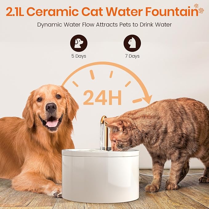 Ceramic Cat Water Fountain - 2.1L/71oz - All-Ceramic Body & Pure Copper Water Spout - Automatic Pet Drinking Fountain for Cats Indoor with Ultra-Quiet Pump, and 3Pcs Filter & Sponge (White)
