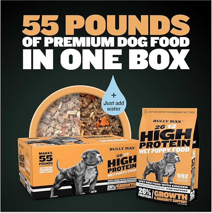 Bully Max Wet Puppy Food - Instant Fresh Dehydrated High Protein Soft Dog Food with Chicken - Healthy Growth for Small & Large Breed - 20 Dry Dog Food Pounds (Makes 55 lbs. Wet Food, 10 Pouches)