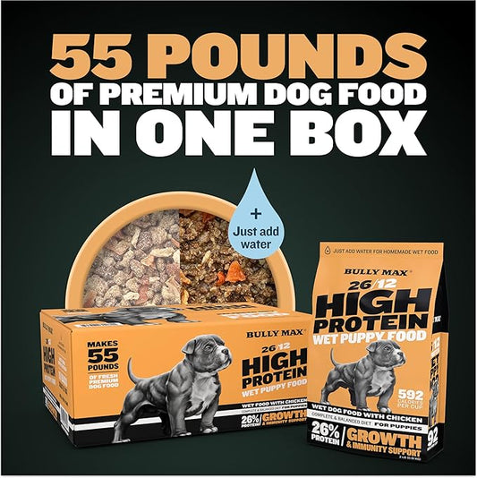 Bully Max Wet Puppy Food - Instant Fresh Dehydrated High Protein Soft Dog Food with Chicken - Healthy Growth for Small & Large Breed - 20 Dry Dog Food Pounds (Makes 55 lbs. Wet Food, 10 Pouches)