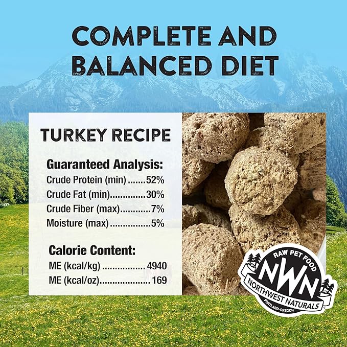 Northwest Naturals Freeze-Dried Turkey Dog Food - Bite-Sized Nuggets - Grain-Free, High-Protein, Raw Diet, Human-Grade, Limited Ingredients, All Natural, Healthy & Nutritious, Made in USA, 12 Oz