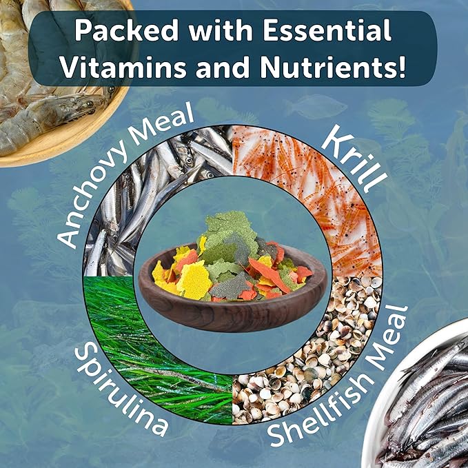 Aquatic Foods Inc. Premium Marine Fish Flakes with Algae, Seaweed and Nori for Clown Fish, Tangs, Butterflies, Angel Fish, 4-Type Wafer Mix & 12-Type Pellet Mix Included 2.65oz Canister