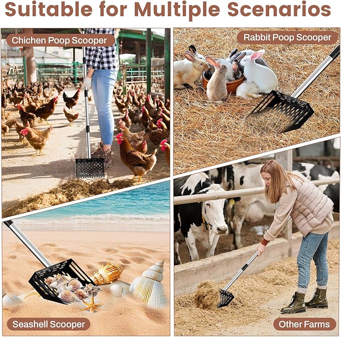 2-in-1 Chicken Poop Scooper & Rake,10" Wide Metal Sand Sifting Shovel with Grip,Chicken Coop Scoop for Poop Shavings Cleaning,Litter Scooper for Chicken Coop Accessories,Adjustable Handle (24" to 66")