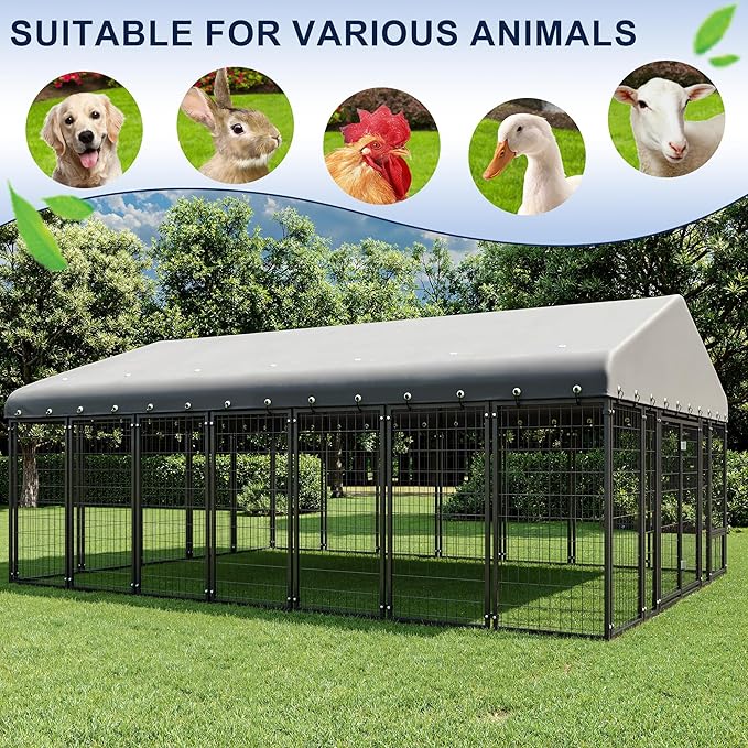 10X14FT Dog Kennel Outside Double Door Dog Kennel Outdoor with Feeding, Heavy Duty Outdoor Dog Crate Durable Dog Cage with Roof & Double Lock