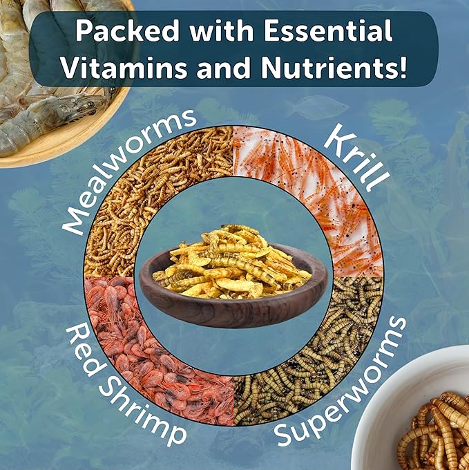 Aquatic Foods Inc. 4-Type Medley Mix of Freeze Dried Superworms, Krill, Red Shrimp, Mealworms for Monster Fish, Reptiles, Turtles, Tortoises, Frogs, Hamsters, Birds, Rodents 1oz Canister