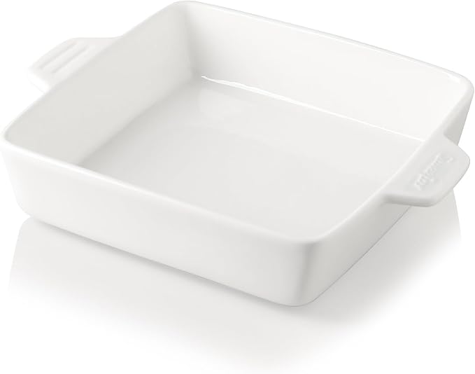 Sweejar Ceramic Baking Dish, 9 x 9 Cake Baking Pan for Brownie, Porcelain Square Bakeware with Double Handle for Casserole, Lasagna, Family Dinner (White)