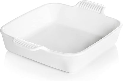 Sweejar Ceramic Baking Dish, 8 x 8 Cake Baking Pan for Brownie, Porcelain Square Bakeware with Double Handle for Casserole, Lasagna, Family Dinner (White)