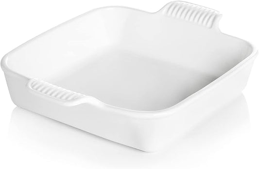 Sweejar Ceramic Baking Dish, 8 x 8 Cake Baking Pan for Brownie, Porcelain Square Bakeware with Double Handle for Casserole, Lasagna, Family Dinner (White)
