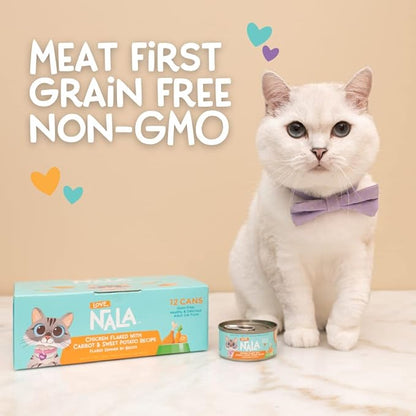 LOVE, NALA - Natural Adult Cat Wet Food - FLAKED Chicken with Carrot & Sweet Potato in Broth - Grain Free, Non-GMO, Lean Protein, Digestive Fiber Blend, Added Minerals & Vitamins - 12 Pack, 2.4 lbs.