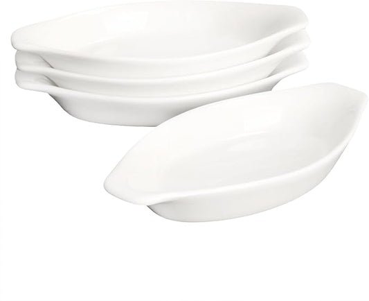 4" x 3"Ceramic Mini Oval Au Gratin Baking Dishes 3.5 oz, Set of 4 Banana Split Bowls,Oven and Microwave Safe, for 1 person servings, Bakeware with Handle(6.5 IN) for Kitchen and Home