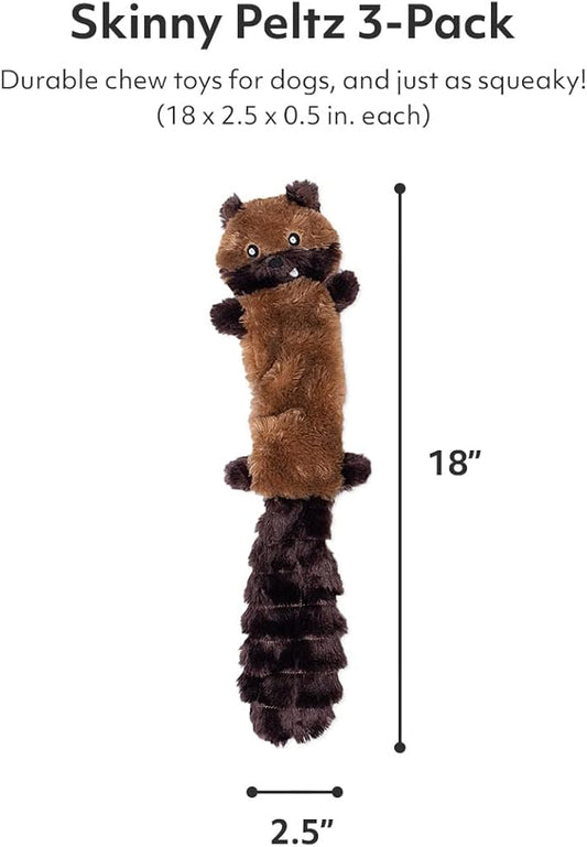 ZippyPaws Skinny Peltz - No Stuffing Dog Toy Pack to Keep Them Busy, for Medium and Large Dogs, Squeaky Pet Toys, Unstuffed Chew Toys, Soft Plush Variety Pack, Chipmunk, Lemur, and Monkey - 18"