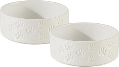 3.5 Cup Ceramic Dog Bowl Set with Anti-Slip Rings for Small Breed Dogs, 6" Food and Water Bowls, Pet Dishes for Small-Sized Dogs (Double Bowls - White, 6 inch)