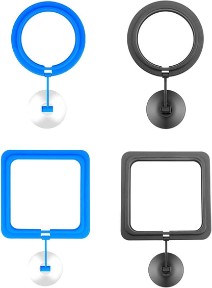 4 Aquarium Feeding Rings, Fish Tank Stations, Floating Food Trays, feeders, Square Circular attachments, Fish Food feeders, Suction Cups, Black, Suitable for Turtles, Turtles, Goldfish, Peacock fishs